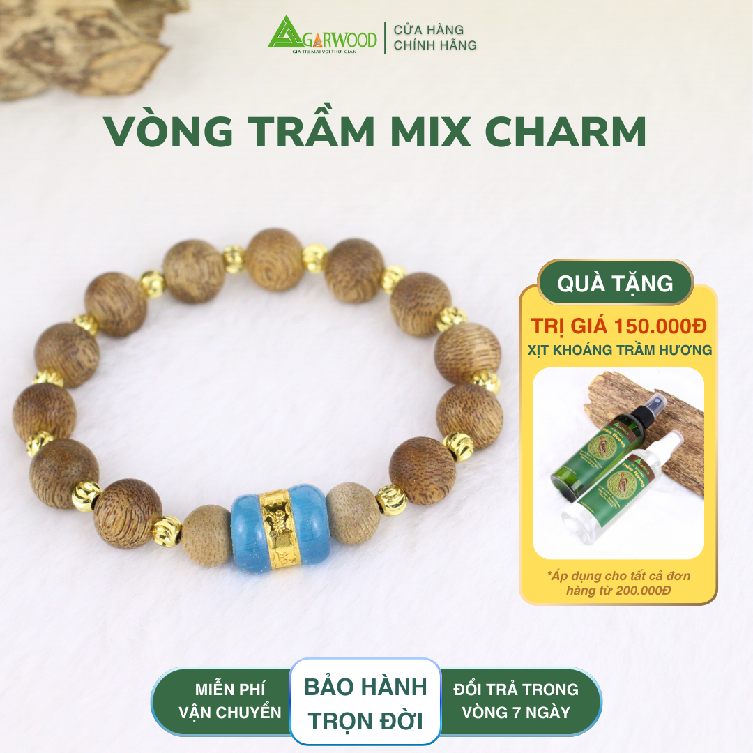 Vòng Trầm Mix Charm Trầm Hương TTT Vân Đẹp Hỗ Trợ Xua Đuổi Tà Khí, Phong Thủy, Bình An, May Mắn